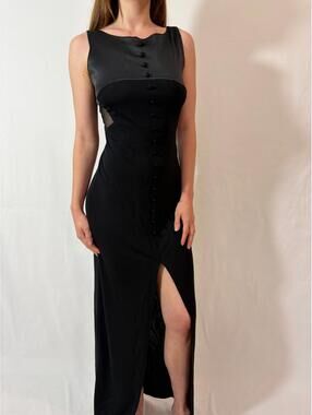 Black 90s Satin Button Front High Neck Evening Gown